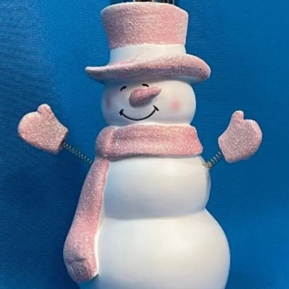 NEW ADORABLE SNOWMAN SOAP / LOTION PUMP DISPENSER WHITE & PINK GLITTER SPARKLE
